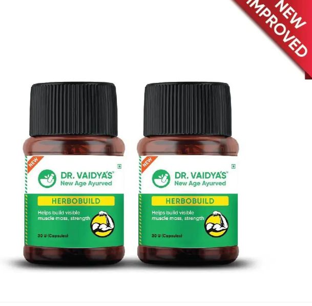 DR. VAIDYA'S Herbobuild - Ayurvedic Capsules For Muscle Gain with Ashwagandha (Pack of 2, 60 Capsules)